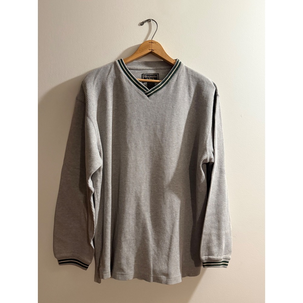 Vintage 90s Abercrombie & Fitch Ribbed V-Neck Long Sleeve Shirt Grey Mens Medium